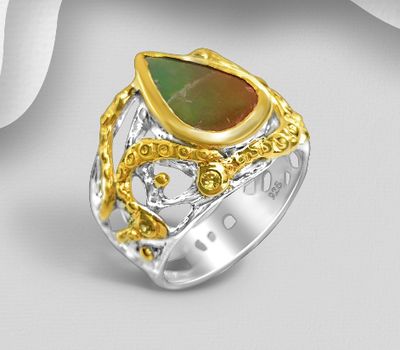 ADIORE JEWELS - One-of-a-Kind - 925 Sterling Silver Ring, Decorated with Orange Sapphires and Ammolite, Plated with 3 Micron 22K Yellow Gold