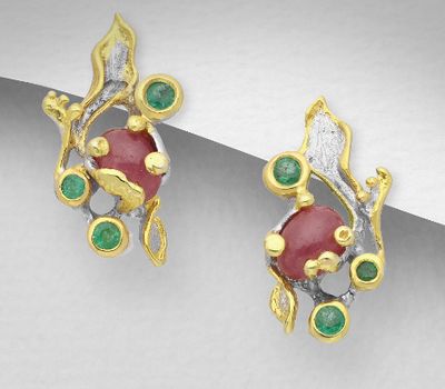 ADIORE JEWELS - 925 Sterling Silver Push-Back Earrings, Decorated with Emerald and Ruby, Plated with 3 Micron 22K Yellow Gold