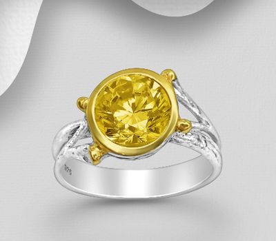 ADIORE JEWELS - 925 Sterling Silver Ring, Decorated with Citrine, Plated with 3 Micron 22K Yellow Gold