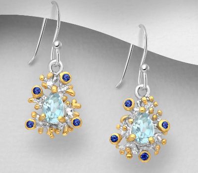 ADIORE JEWELS - 925 Sterling Silver Hook Earrings Decorated with Blue Sapphires and Sky-Blue Topaz, Plated with 3 Micron 22K Yellow Gold and White Rhodium