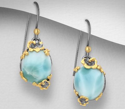 Şəkli böyütmək üçün tiklayın ADIORE JEWELS - 925 Sterling Silver Hook Earrings Decorated with Larimars, Plated with 3 Micron 22K Yellow Gold and Grey Ruthenium