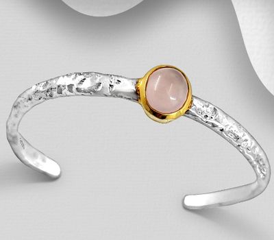 ADIORE JEWELS - 925 Sterling Silver Cuff Bracelet, Decorated with Rose Quartz, Plated with 3 Micron 22K Yellow Gold