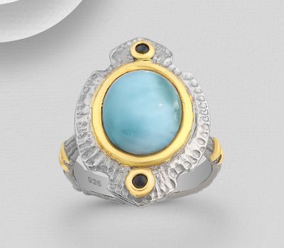 ADIORE JEWELS - 925 Sterling Silver Ring, Decorated with Blue Sapphires and Larimar, Plated with 3 Micron 22K Yellow Gold and Grey Ruthenium