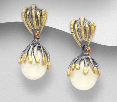 ADIORE JEWELS - 925 Sterling Silver Push-Back Earrings Decorated with Freshwater Pearls and Orange Sapphires, Plated with 3 Micron 22K Yellow Gold and Grey Ruthenium