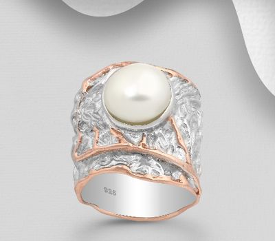 ADIORE JEWELS - 925 Sterling Silver Ring Decorated with Freshwater Pearl, Plated with 3 Micron 22K Yellow Rose Gold and White Rhodium