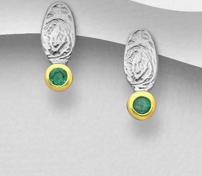 ADIORE JEWELS - 925 Sterling Silver Push-Back Earrings, Decorated with Emeralds, Plated with 3 Micron 22K Yellow Gold and Grey Ruthenium