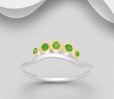 ADIORE JEWELS - 925 Sterling Silver Ring, Decorated with Chrome Diopsides, Plated with 3 Micron 22K Yellow Gold and White Rhodium