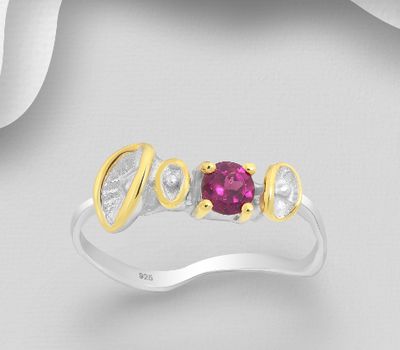 ADIORE JEWELS - 925 Sterling Silver Ring, Decorated with Rhodolite, Plated with 3 Micron 22K Yellow Gold and White Rhodium