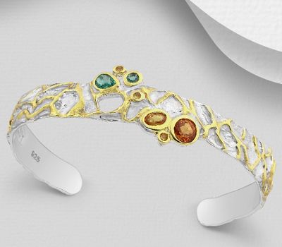 ADIORE JEWELS - 925 Sterling Silver Cuff Decorated with Orange Sapphires, Yellow sapphires and Emeralds, Plated with 3 Micron 22K Yellow Gold and White Rhodium