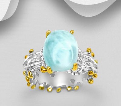 ADIORE JEWELS - 925 Sterling Silver Ring, Decorated with Larimar, Plated with 3 Micron 22K Yellow Gold