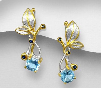 ADIORE JEWELS - 925 Sterling Silver Push-Back Earrings, Decorated with Blue Sapphire and Sky-Blue Topaz, Plated with 3 Micron 22K Yellow Gold