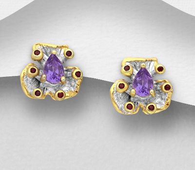 ADIORE JEWELS - 925 Sterling Silver Push-Back Earrings Decorated with Red Sapphires and Amethysts, Plated with 3 Micron 22K Yellow Gold and White Rhodium