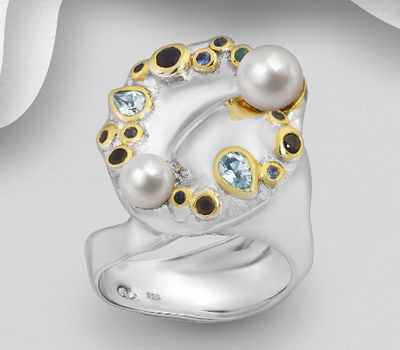 ADIORE JEWELS - 925 Sterling Silver Ring, Decorated with Freshwater Pearls, Blue Sapphires and Teardrop-Shaped Sky-Blue Topaz, Plated with 3 Micron 22K Yellow Gold and White Rhodium