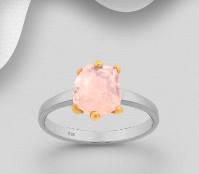 ADIORE JEWELS - 925 Sterling Silver Ring, Decorated with Rose Quartz, Prong Plated with 3 Micron 22K Yellow Gold and Grey Ruthenium.