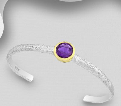 ADIORE JEWELS - 925 Sterling Silver Cuff, Decorated with Amethyst, plated with 3 micron 22K Yellow Gold and White Rhodium