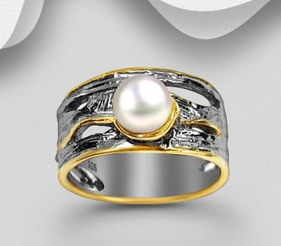 ADIORE JEWELS - 925 Sterling Silver Ring, Decorated with Freshwater Pearl, Plated with 3 Micron 22K Yellow Gold and Black Rhodium