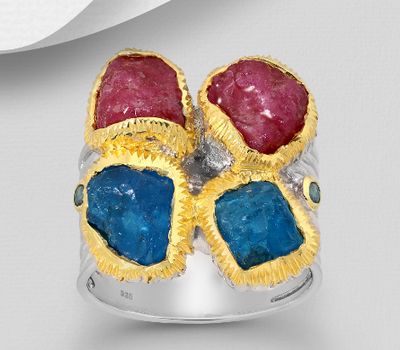ADIORE JEWELS - 925 Sterling Silver Ring Decorated with Light Blue Sapphire, Ruby and Blue Apatite, Plated with 3 Micron 22K Yellow Gold and White Rhodium