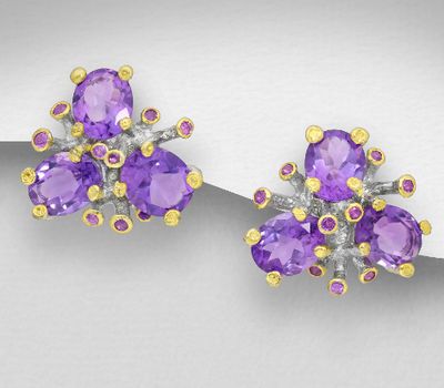 ADIORE JEWELS - 925 Sterling Silver Omega Lock Earrings, Decorated with Amethyst and Rhodolite, Plated with 3 Micron 22K Yellow Gold