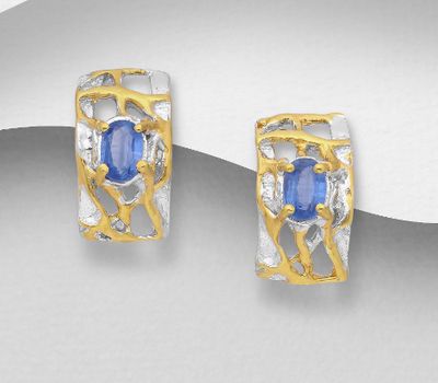 ADIORE JEWELS - 925 Sterling Silver Push-Back Earrings, Decorated with Blue Kyanite, Plated with 3 Micron 22K Yellow Gold and White Rhodium