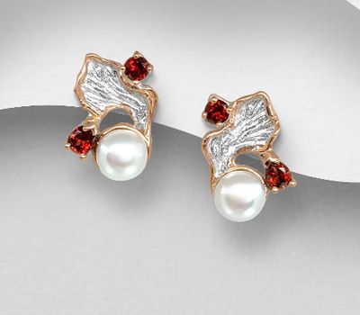 ADIORE JEWELS - 925 Sterling Silver Push-Back Earrings, Decorated with Freshwater Pearls and Garnet, Plated with 3 Micron 22K Pink Gold