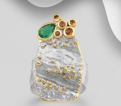 ADIORE JEWELS - 925 Sterling Silver Ring Decorated with Emerald and Orange Sapphires, Plated with 3 Micron 22K Yellow Gold White Rhodium