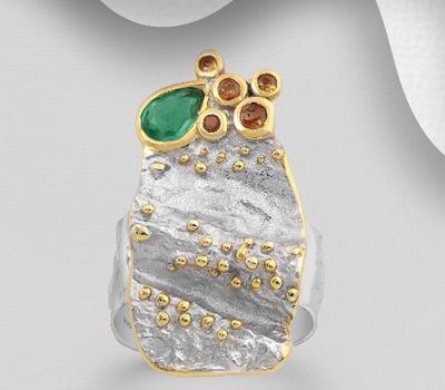 Şəkli böyütmək üçün tiklayın ADIORE JEWELS - 925 Sterling Silver Ring Decorated with Emerald and Orange Sapphires, Plated with 3 Micron 22K Yellow Gold White Rhodium