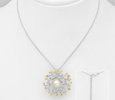 ADIORE JEWELS - 925 Sterling Silver Necklace, Decorated with Freshwater Pearl, Plated with 3 micron 22K Yellow Gold