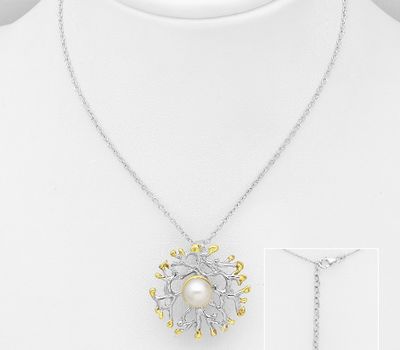 Şəkli böyütmək üçün tiklayın ADIORE JEWELS - 925 Sterling Silver Necklace, Decorated with Freshwater Pearl, Plated with 3 micron 22K Yellow Gold
