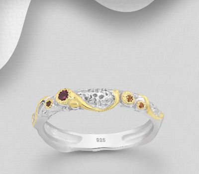 ADIORE JEWELS - 925 Sterling Silver Ring, Decorated with Orange Sapphires and Rhodolites, Plated with 3 Micron 22K Yellow Gold and White Rhodium