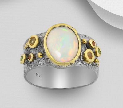 ADIORE JEWELS - 925 Sterling Silver Ring Decorated with Orange Sapphires and Ethiopian Opal, Plated with 3 Micron 22K Yellow Gold and Grey Ruthenium