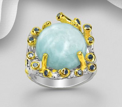 ADIORE JEWELS - 925 Sterling Silver Ring, Decorated with Blue Sapphires and Larimar. Plated with 3 Micron 22K Yellow Gold