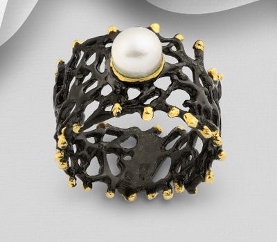 ADIORE JEWELS - 925 Sterling Silver Ring, Decorated with Freshwater Pearl, Plated with 3 Micron 22K Yellow Gold and Black Rhodium