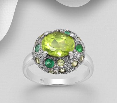 ADIORE JEWELS - 925 Sterling Silver Ring Decorated with Emeralds and Peridots, Plated with Grey Ruthenium and Rhodium