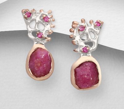 ADIORE JEWELS - 925 Sterling Silver Push-Back Earrings Decorated with Pink Sapphires and Ruby, Plated with 3 Micron 22K Pink Gold and White Rhodium