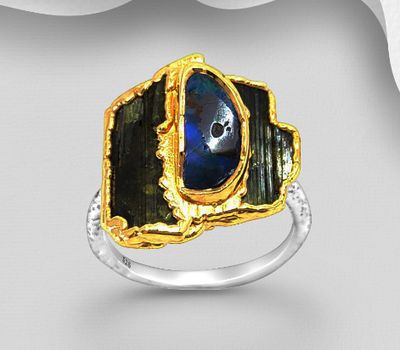 ADIORE JEWELS - One-of-a-Kind - 925 Sterling Silver Ring, Decorated with Boulder Opal and Tourmaline, Plated with 3 Micron 22K Yellow Gold and White Rhodium