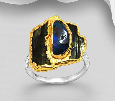 Malın səhifəsinə keç ADIORE JEWELS - One-of-a-Kind - 925 Sterling Silver Ring, Decorated with Boulder Opal and Tourmaline, Plated with 3 Micron 22K Yellow Gold and White Rhodium