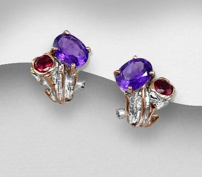 ADIORE JEWELS - 925 Sterling Silver Omega Lock Earrings, Decorated with Amethyst and Rhodolite, Plated with 3 Micron 22K Pink Gold