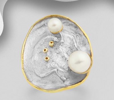 ADIORE JEWELS - 925 Sterling Silver Ring, Decorated with Freshwater Pearl, Plated with 3 Micron 22K Yellow Gold