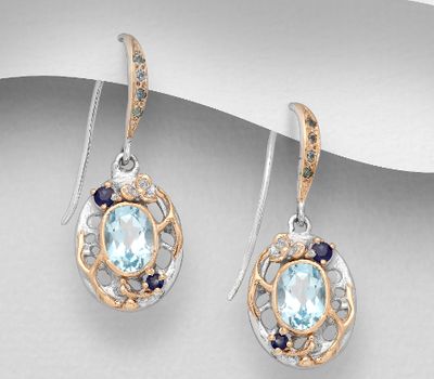 ADIORE JEWELS - 925 Sterling Silver Hook Earrings, Decorated with Sky-Blue Topaz and Blue Sapphire, Plated with 3 Micron 22K Pink Gold and White Rhodium