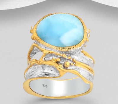 ADIORE JEWELS - 925 Sterling Silver Ring Decorated with Larimar, Plated with 3 Micron 22K Yellow Gold and White Rhodium