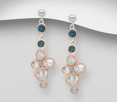 ADIORE JEWELS - 925 Sterling Silver Bubble Push-Back Earrings, Decorated with London Blue Topaz, Plated with 3 Micron 22K Pink Gold and White Rhodium