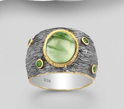 ADIORE JEWELS - 925 Sterling Silver Ring Decorated with Chrome Diopside and Prehnites, Plated with 3 Micron 22K Yellow Gold and Grey Ruthenium