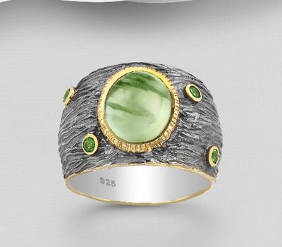 Şəkli böyütmək üçün tiklayın ADIORE JEWELS - 925 Sterling Silver Ring Decorated with Chrome Diopside and Prehnites, Plated with 3 Micron 22K Yellow Gold and Grey Ruthenium