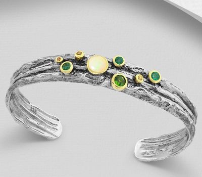 ADIORE JEWELS - 925 Sterling Silver Oxidized Cuff Decorated with Ethiopian Opal, Emerald, Chrome Diopside, Yellow Sapphire and Orange Sapphires, Plated with 3 Micron 22K Yellow Gold and Grey Ruthenium