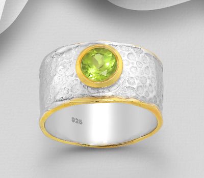 ADIORE JEWELS - 925 Sterling Silver Solitaire Band Ring, Decorated with Peridot, Plated with 3 Micron 22K Yellow Gold