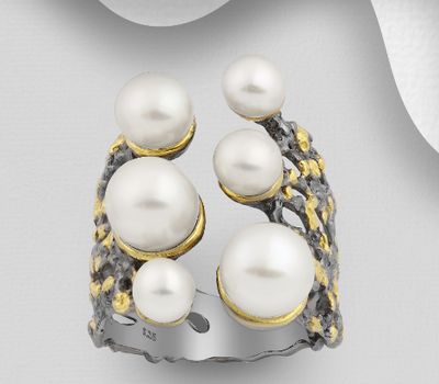 ADIORE JEWELS - 925 Sterling Silver Ring Decorated with Freshwater Pearls, Plated with 3 Micron 22K Yellow Gold and Grey Ruthenium