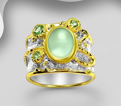 ADIORE JEWELS - 925 Sterling Silver Ring, Decorated with Blue Sapphire, Peridot and Prehnite, Plated with 3 Micron 22K Yellow Gold