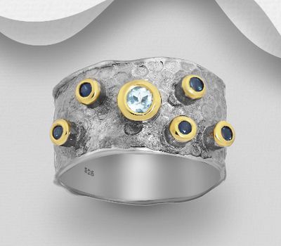 ADIORE JEWELS - 925 Sterling Silver Ring, Decorated with Blue Sapphires and Sky-Blue Topaz, Plated with 3 Micron 22K Yellow Gold and Grey Ruthenium