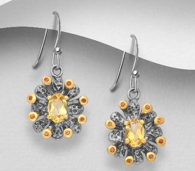 ADIORE JEWELS - 925 Sterling Silver Hook Earrings, Decorated with Orange Sapphires and Citrine, Plated with 3 Micron 22K Yellow Gold and Grey Ruthenium