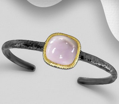 ADIORE JEWELS - One-of-a-Kind - 925 Sterling Silver Cuff Bracelet, Decorated with Amethyst, Plated with 3 Micron 22K Yellow Gold and Black Rhodium